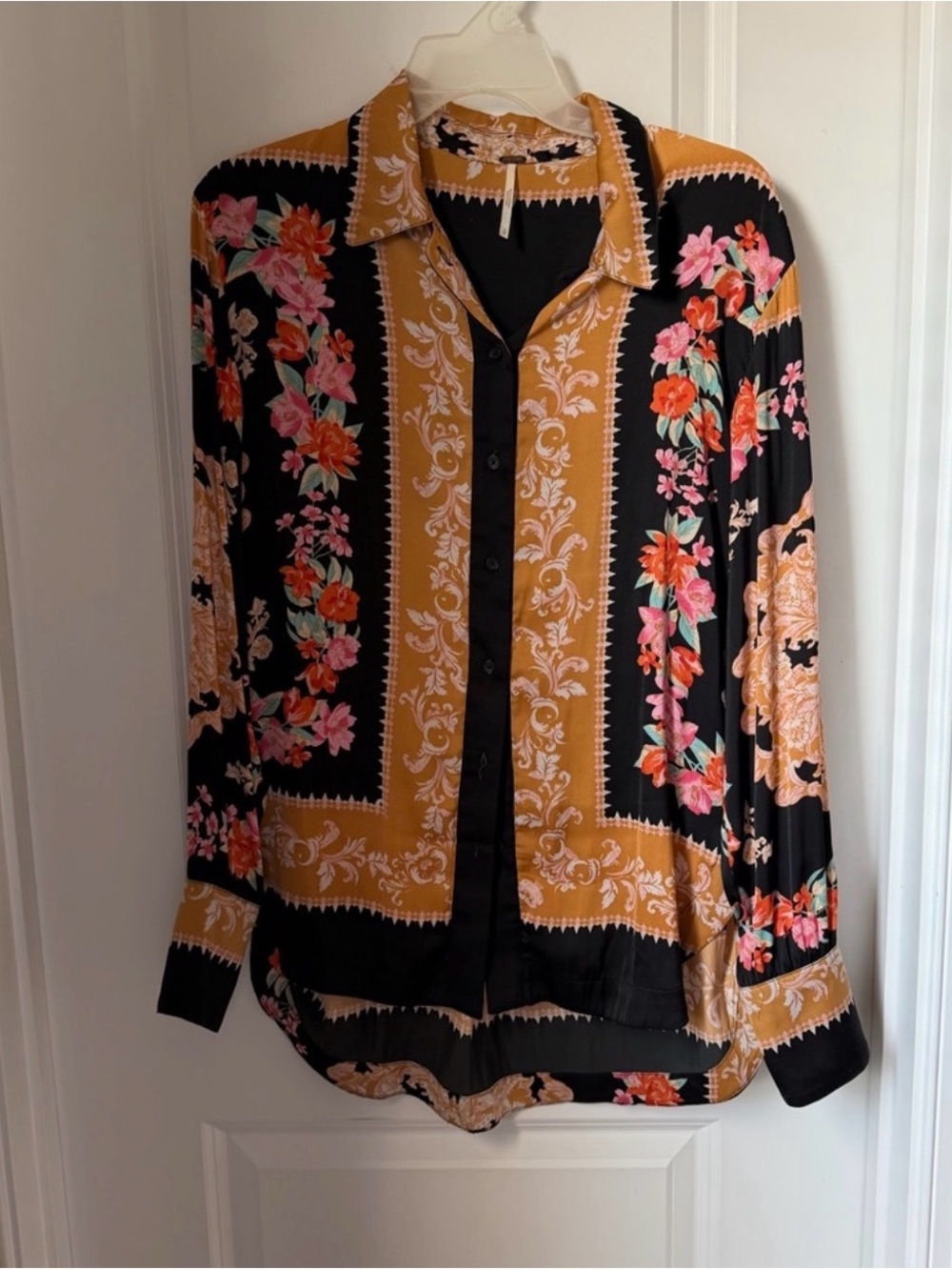 Free People Black and Mustard Floral Button-Down Shirt
